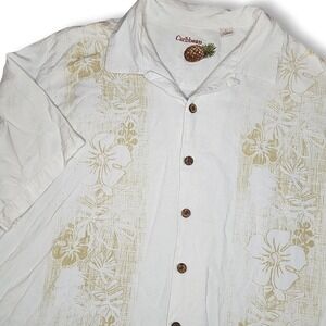 Caribbean Mens Large Hawaiian Shirt White Silk‎ rayon Floral Short Sleeve camp